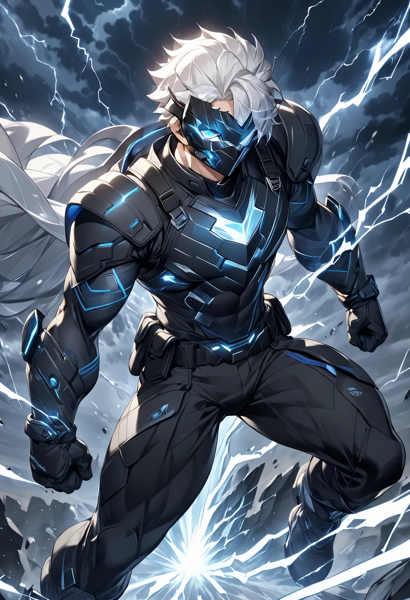 ** storm** He is a hero of 1,77 meters high, with an athletic build and defined musculature that reflects his constant training. His pale skin contrasts with his short, messy white hair, while his dark blue eyes, intense like a sky before a storm, reveal a penetrating gaze that combines wisdom and ferocity.
He wears a tactical suit with armored panels in shades of black and metallic gray, with luminescent electric blue stripes that are activated when he uses his powers. } The upper part includes a reinforced chest with angular shoulder pads, while tight combat pants incorporate a digital camouflage design on carbon scales. A modular belt with magnetic capsules stores your tools: compressed ice crystals and spheres of static energy.
His face is covered by an aerodynamic carbon fiber mask that reveals only the eyes, with a integrated holographic visor that projects data in real time. Complete your equipment with tactical gloves with reinforcements on the knuckles and boots with non-slip soles that emit blue sparks when running.
storm irradia una aura de autoridad fría pero noble. His movements are precise and calculated, mixing the agility of a feline with the brute force of a hurricane. Unleashing his powers, } generates swirls of sharp snow like blades and lightning shocks that draw fractals in the air. His loyalty to the innocent is unwavering, and although his presence intimidates, conveys the security of a wall against darkness.