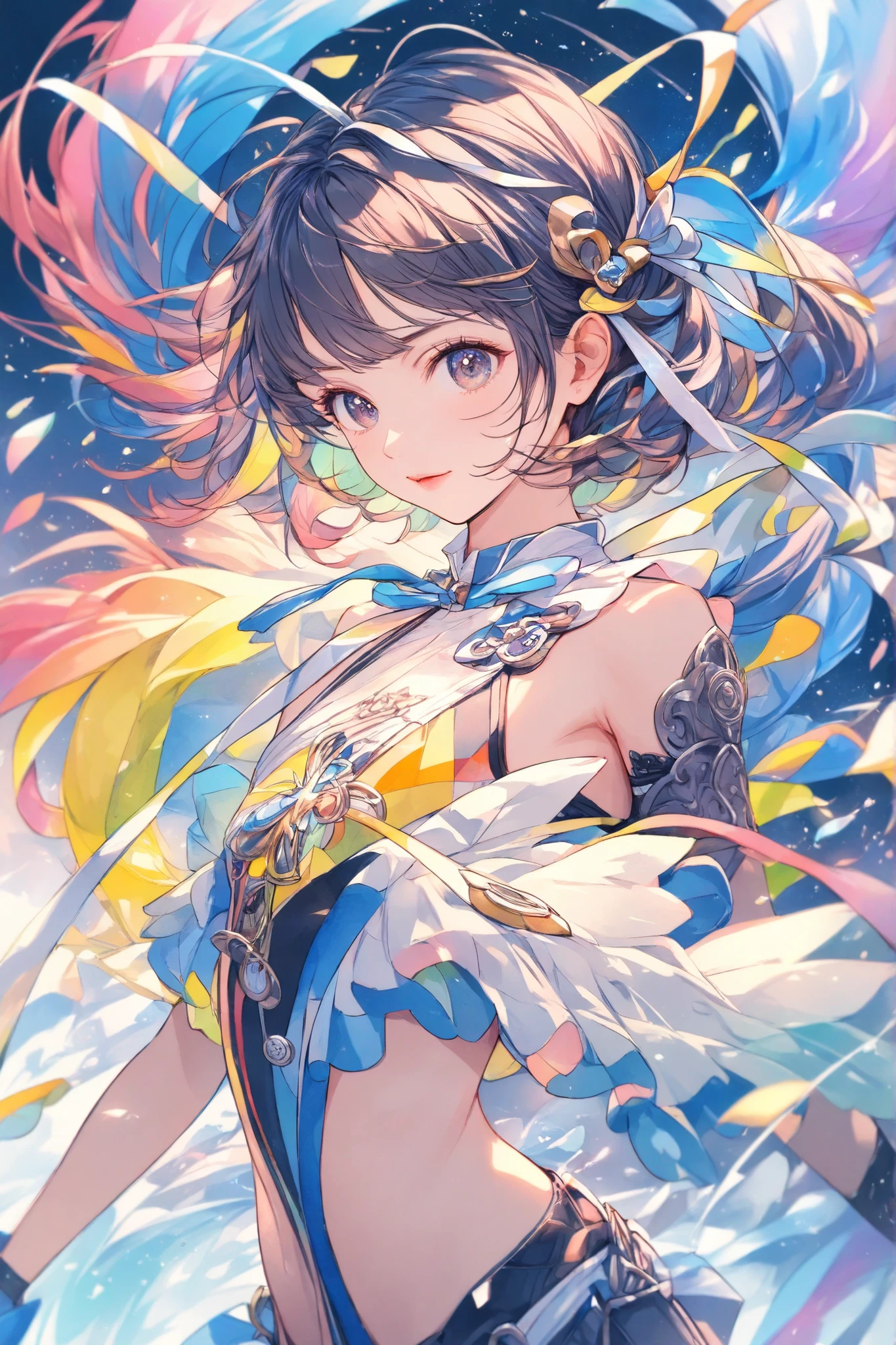 masterpiece,top quality,Super Detailed,8k,watercolor colorful upper body lift One Piece girls 灰色の髪 light ribbon pop, (flat chest:0.8)