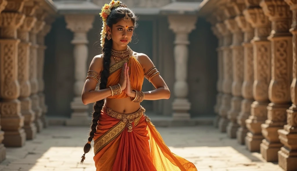 a fantastical long wide shot a big magical fantasy huge big longbow grabbed by a beautiful princess girl child, grabbing a fantasy bow in her fist, rising her hand up with bow towards sky, powerful thick intricated indian longbow, the bow towards sky, indian mythology, detailed long craved fantasy glowing bow, beautiful 9-year old girl child, big golden palace bakcground, ultrawide long shot, wide, full body, cinematic wide long shot, in Hindu culture dress saree with jewelry, jewels, adorable girl child face, detailed face, holding a big lord Shiva's bow, child Sita, longbow, ultrawide shot, full body, Highly Detailed, Traditional, Hindu mythology, extremely beautiful realism, action pose, detailed bow grabbing hand, confident, exquisite clothing detail, uhd image, cinematic, cinematography, realistic photography, fantastical, fantasy, awesome golden palace scenery background, dynamic composition, spiritual