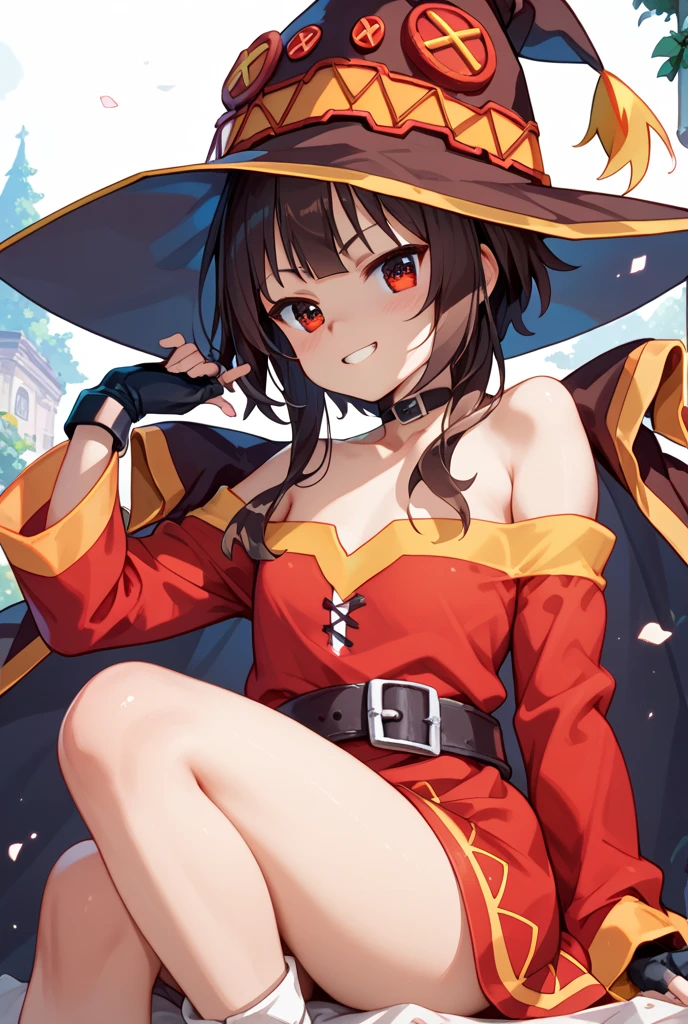 1girl <lora:Futurenijiimadness-02:1> source_anime, futurenijiimadness, Slim girl, tiny breasts, narrow waist, wide hips, skinny, tiny, miniscule, petite, small arms, small legs, small body,  megumin, bare shoulders, black gloves, black hair, blush, choker, collarbone, dress, fingerless gloves, gloves, hair between eyes, hat, long sleeves, medium hair, off-shoulder dress, off shoulder, red dress, red eyes, sidelocks, witch hat, fire in the background, 1girl, delicate and smooth skin, blush, perfect body, thighs, highly detailed, glossy lips,, score_9, score_8_up, score_7_up,   ultra detailed,, <lora:Expressive_H:0.8> Expressiveh, score_9, score_8_up, score_7_up,   ultra detailed,   minomi,  blkhanekawa