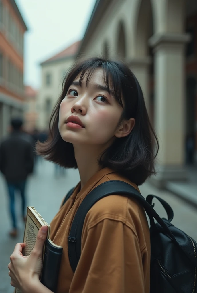 歯科衛生士 女性 笑顔 beige color単色のナース着用 Short sleeves Japanese Black hair Early 20s Female Upper body close-up Shooting outside beige color