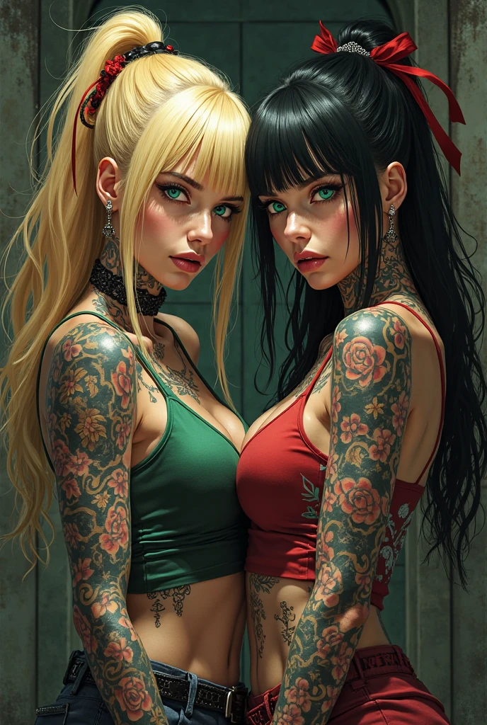 (a pair of women side by side, realistic art: 1.1), beautiful detailed art, 4k UHD, detailed art, tattoo style, vibrant colors, bright contrasting colors, subtle lighting, soft shadows, photorealistic, high details , 8K, high quality.