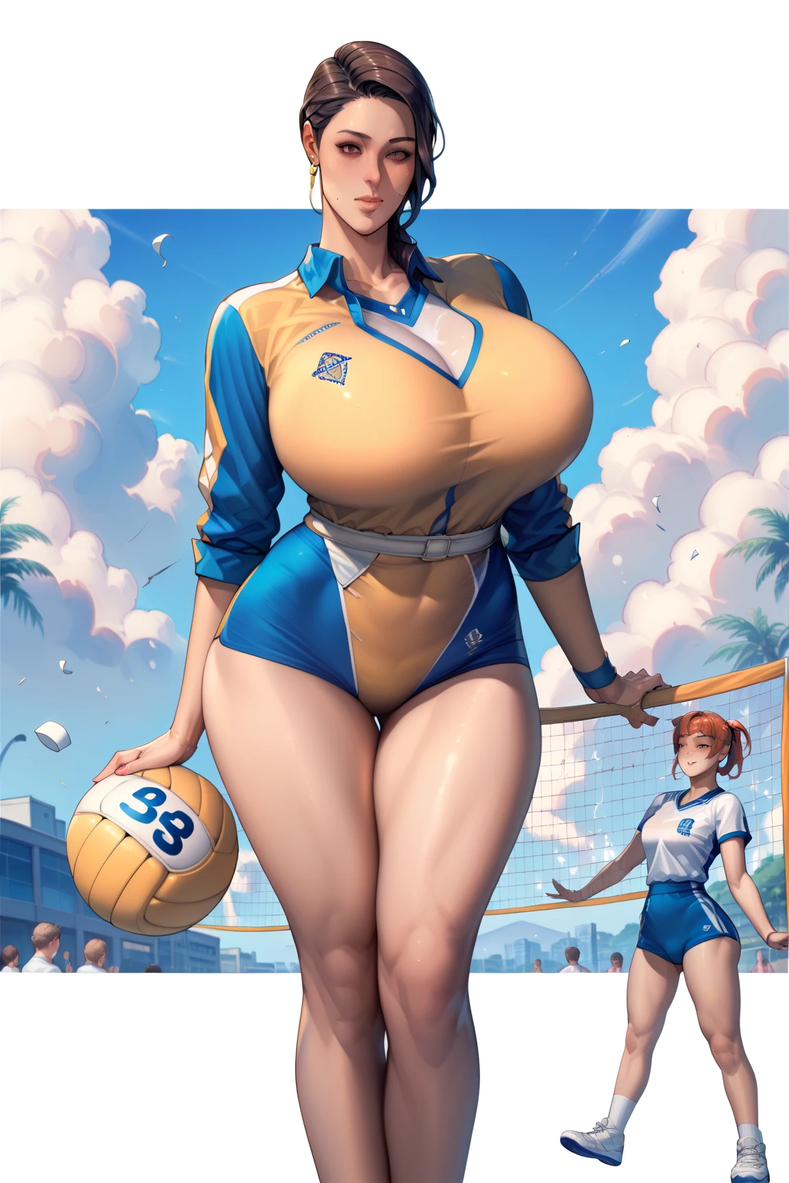 strong sumo, soft buffed body, pregnant belly, big thighs, one navel, bikini
