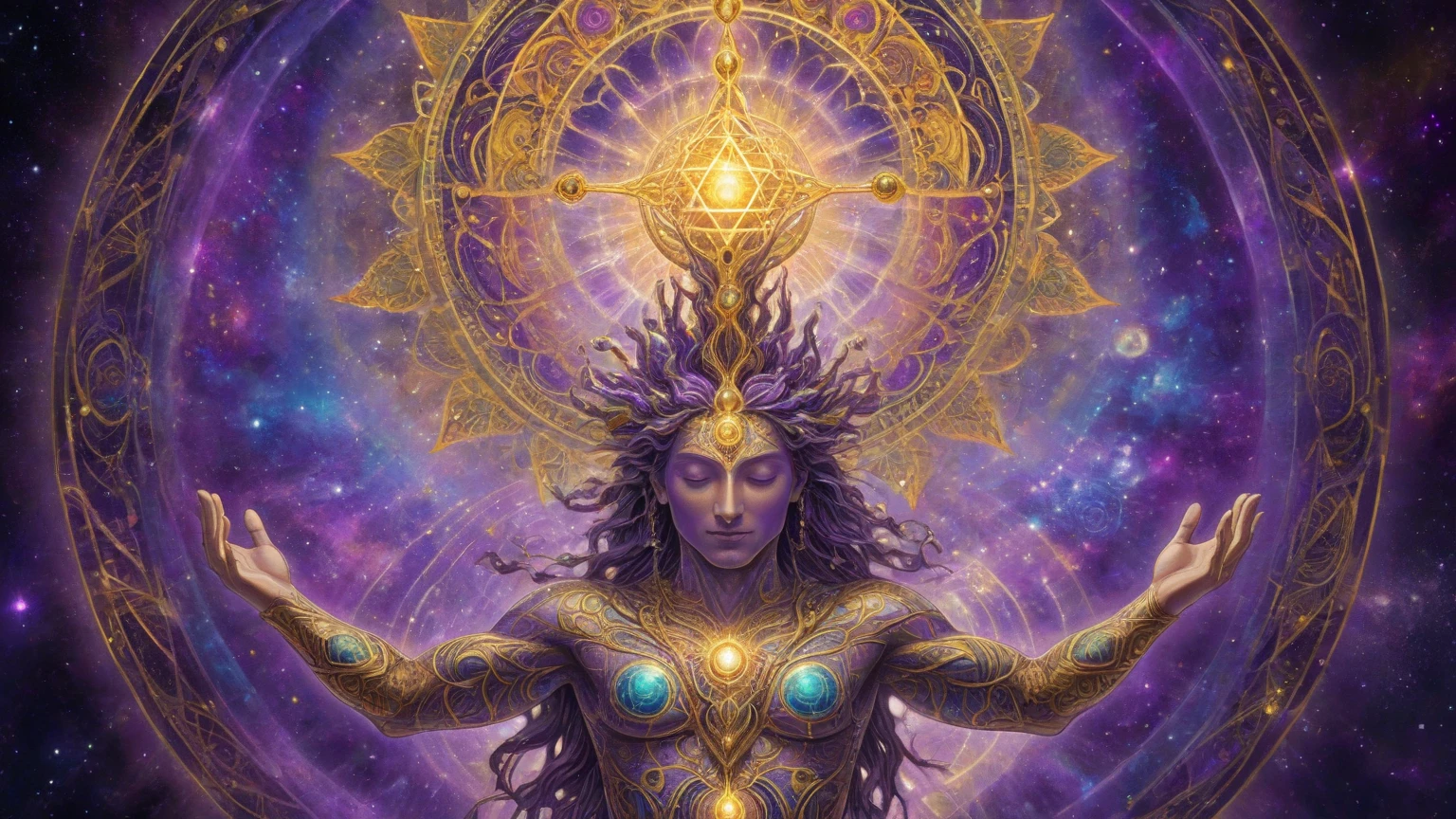 beautiful intricate egyptian goddess face surrounded by (glowing sacred geometry:1.3), (catlike features:1.2), eyes closed, (art by alex grey:1.5), (unreal engine 5:1.4), 8k hd, advanced shading, external light source, glowing chakras, glowing energy, (high contrast:1.1), planets and stars, (highly details, highly intricate:1.7), (ultra realistic:1.1), very colorful, (psychedelic:1.1), (3d rendered art:1.4)