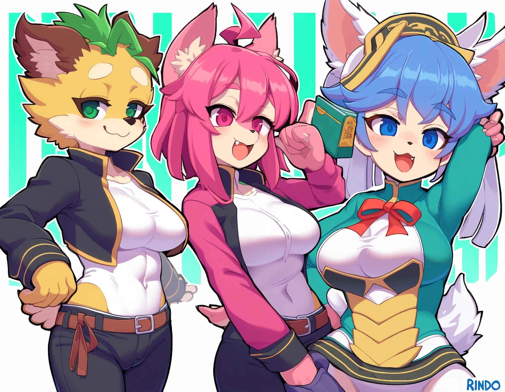 Red hair, NSFW, breast, wide hips, knee high socks, bikini armor, pony tail, thong, collar, wolf ears, cute, blue eyes, duo, two woman, cute, female with blue hair, female with red hair, plains, flowers, softly colors, smiling, smile, happy, female with yellow hair