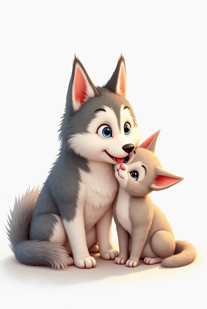 A white dog carries her sick child with her mouth in her lap and goes on road.
