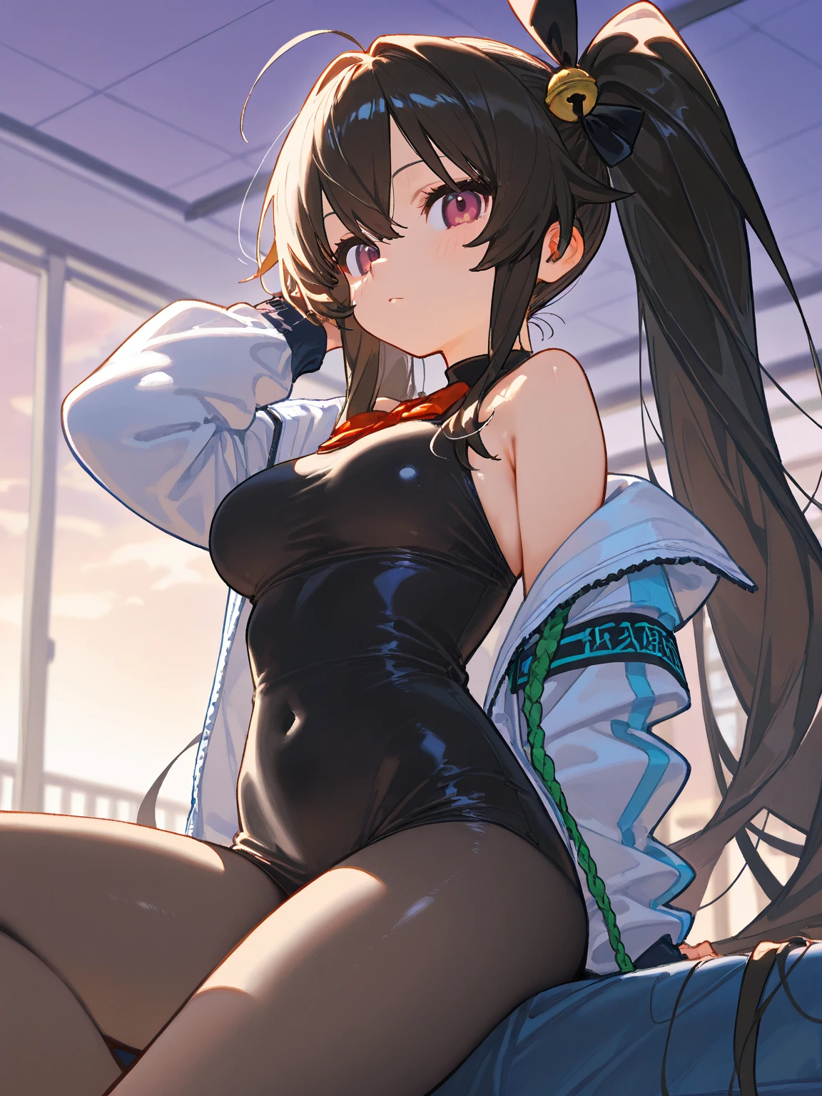 masterpiece,best quality,extremely detailed,(huge breasts:1.2),anime style,chibi,black hair,sexy girl,with light lingerie,shoulder length hair with two pigtails,bigger breasts,black jacket,wearing headphones,smiling,listening to music,lying on a bed,