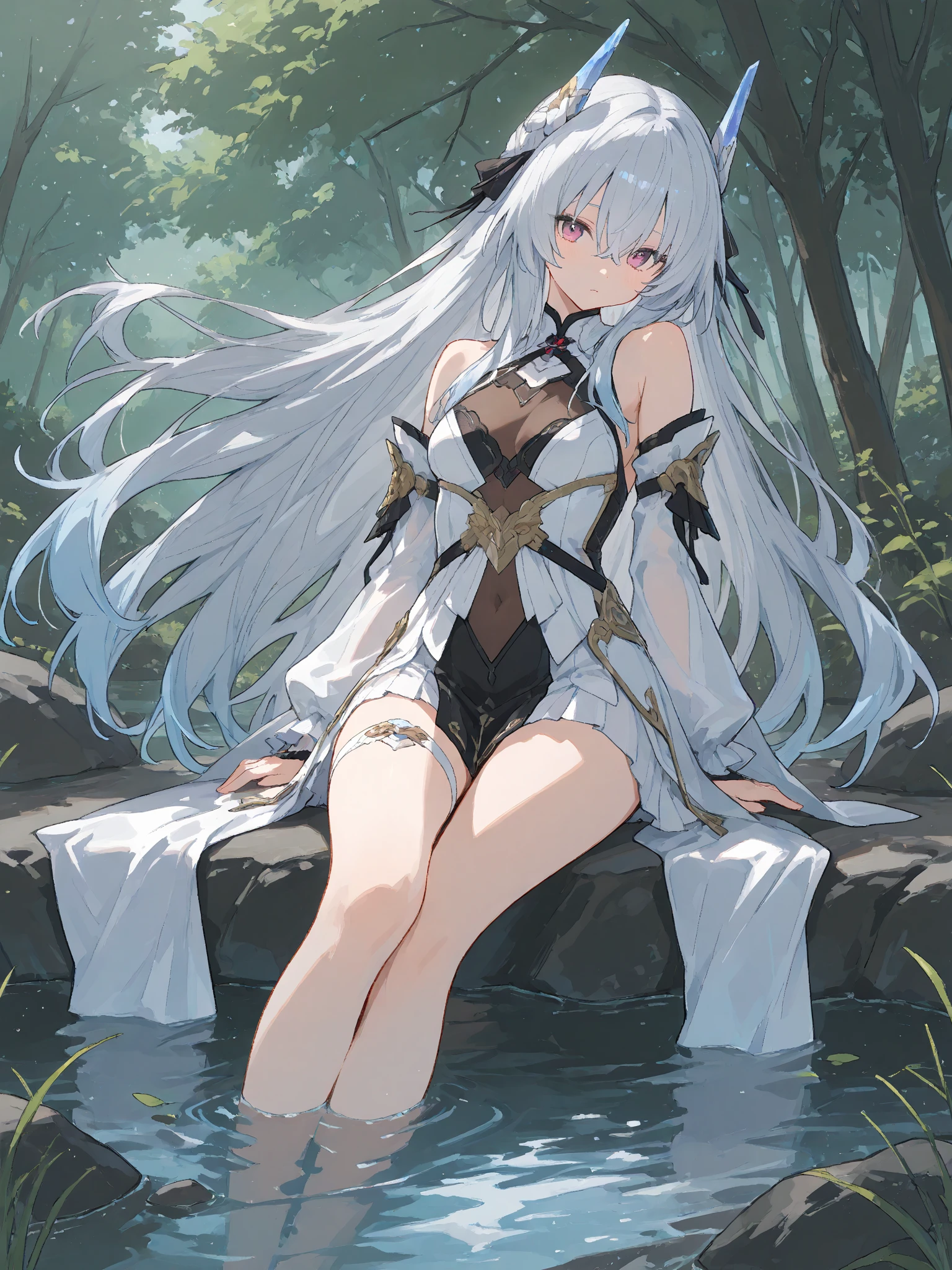 Animal ears, leg rings, white hair, long hair, green eyes, jk