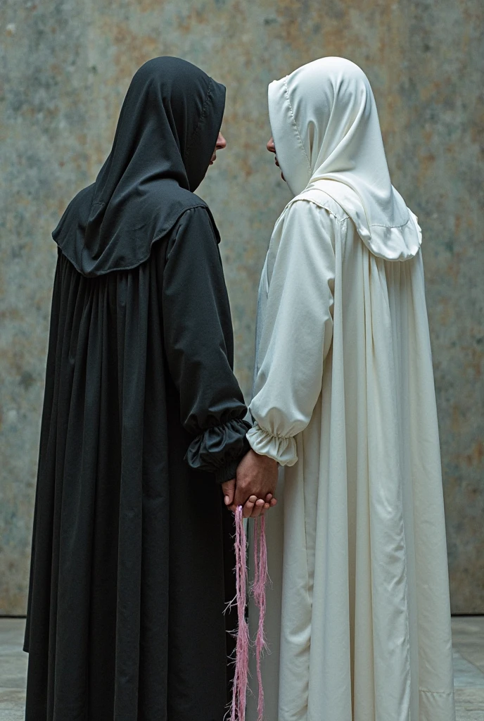 Hijab woman wearing a black abaya and high heels hold a nun hand