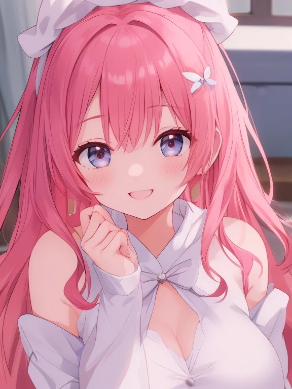 Very detailed CG Unity 8K wallpaper, Cute One lady, Mature pink Hair、lady ,beautiful lady, pale skin (Super masterpiece, Beautiful person, well detailed face polluted smile, Photorealistic, hyper realisitic), Colorful winter kimono in pink and white colors、(white fur)、Japanese Style Hair Accessories、smile、Japanese background with light pink flowers and snow、Portrait、(flat chest:1.3)、(Glowing Skin:1.7)、Detailed eyes、Big eyes、Open your mouth、Hide your arms、