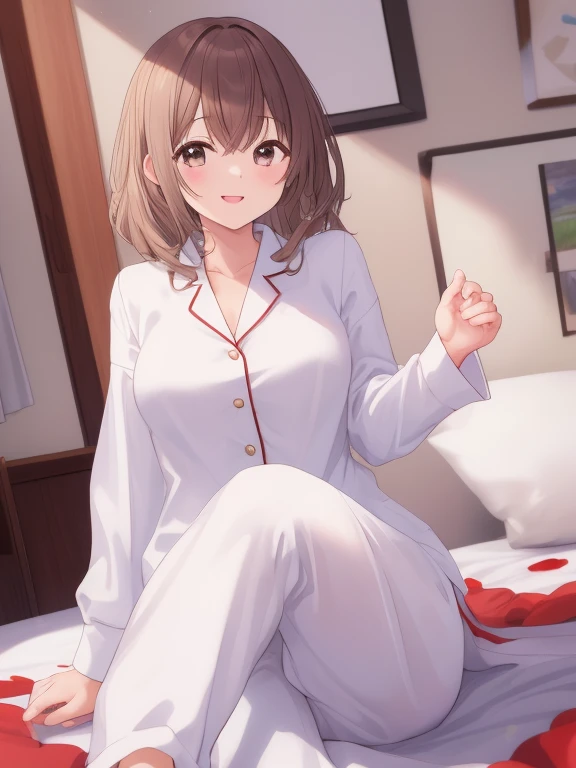 Simple Background,(anime:1.3),Detailed face,Detailed Description,1girl,Brown hair,Two Side Up,(Teasing smile:1.3),Detailed hair,Upward glance,From above,Office Shirt,pajamas,Cleavage,Flat breasts,(Half-open eyes,Squint eyes:1.3),(Petite),bedroom,onbed,On all fours