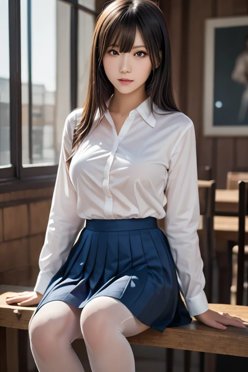 ultra realistic 8k cg, picture-perfect face, flawless, clean, masterpiece, professional artwork, famous artwork, perfect face, beautiful face, beautiful eyes, ((perfect female body)), solo,(immersive atmosphere, chiaroscuro:1.5,bright light:1.2,luminous lighting)
,,(blush:0.5),seductive expression,extremely detailed_eyes,thick thighs,large breasts,
beautifully detailed background,depth of field,realistic:1.3, long shot,1girl,shirt,pleated skirt, , sitting, full body,
(ambient light:1.3),(cinematic composition:1.3),(neon lights:0.1),(HDR:0.1),Accent Lighting, white pantyhose,