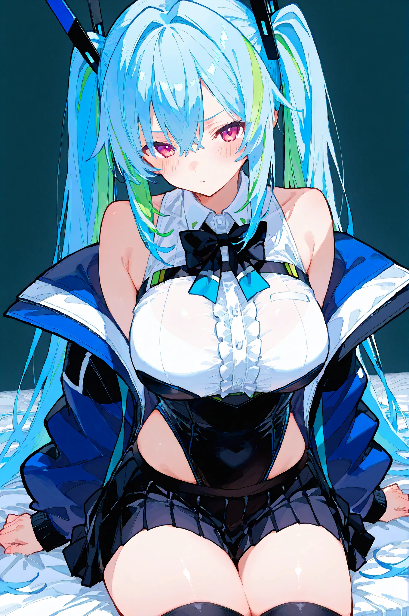Anime, woman, long hair, pale blue hair, odd color pink and blue eyes, cool, earrings, big boob, wearing a black dress, beautiful, elegant, pure, fantasy,