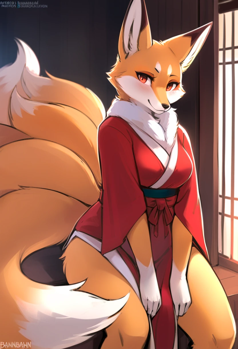 Nervous smiling, uploaded the e621, beautiful and detailed, woman (((female))) ((anthro)) Fox, (Averi, Fox girl), cinematic lighting, Fox, (anthro, fluffy fur, character focus:1.1), 1girl, anthro fox girl, body fur, curvy, sexy, nice, cute, hot, comfortable anime-style cartoon-style, digital drawing, SFW, flat chest, shrine background, japanese shrine, kitsune, foxfire, ghosts, :3, smug, fangs, sassy, sassy hips, kimono