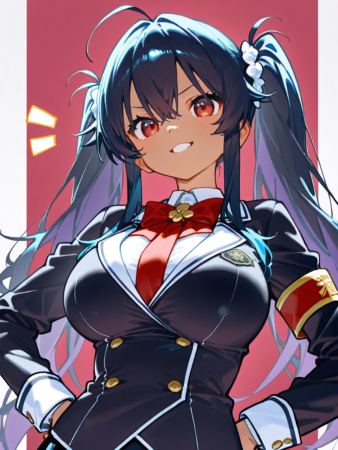 masterpiece, best quality, highres, absurdres, 1girl, giselle, ((looking at viewer)), red eyes, black hair, long hair, twintails, animal ears, red ribbon, white top, black skirt, white cape, white thighhighs, cleavage, smile, blush, white background, <lora:giselle:1>,