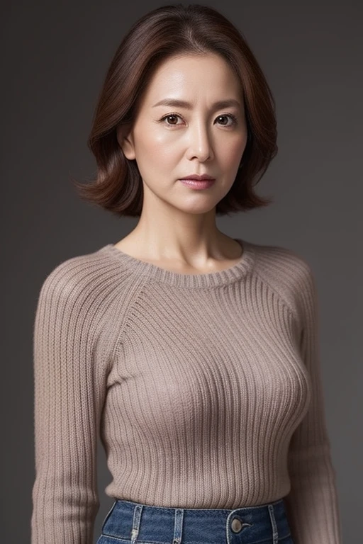 hight resolution, high-level image quality, high detailing, masterpiece, Textured skin, tre anatomically correct, sharp, greybackground((japanes, 30-years old)), 独奏, ((Wrinkles on the face)), large breasts with good shape, Straight light brown hair that reaches to the shoulders, chubby figure (((erect through, facing the center of the screen.))), Close your mouth and look straight ahead with a serious face, Sweaters, skirt by the, ((cowboy shot)),
