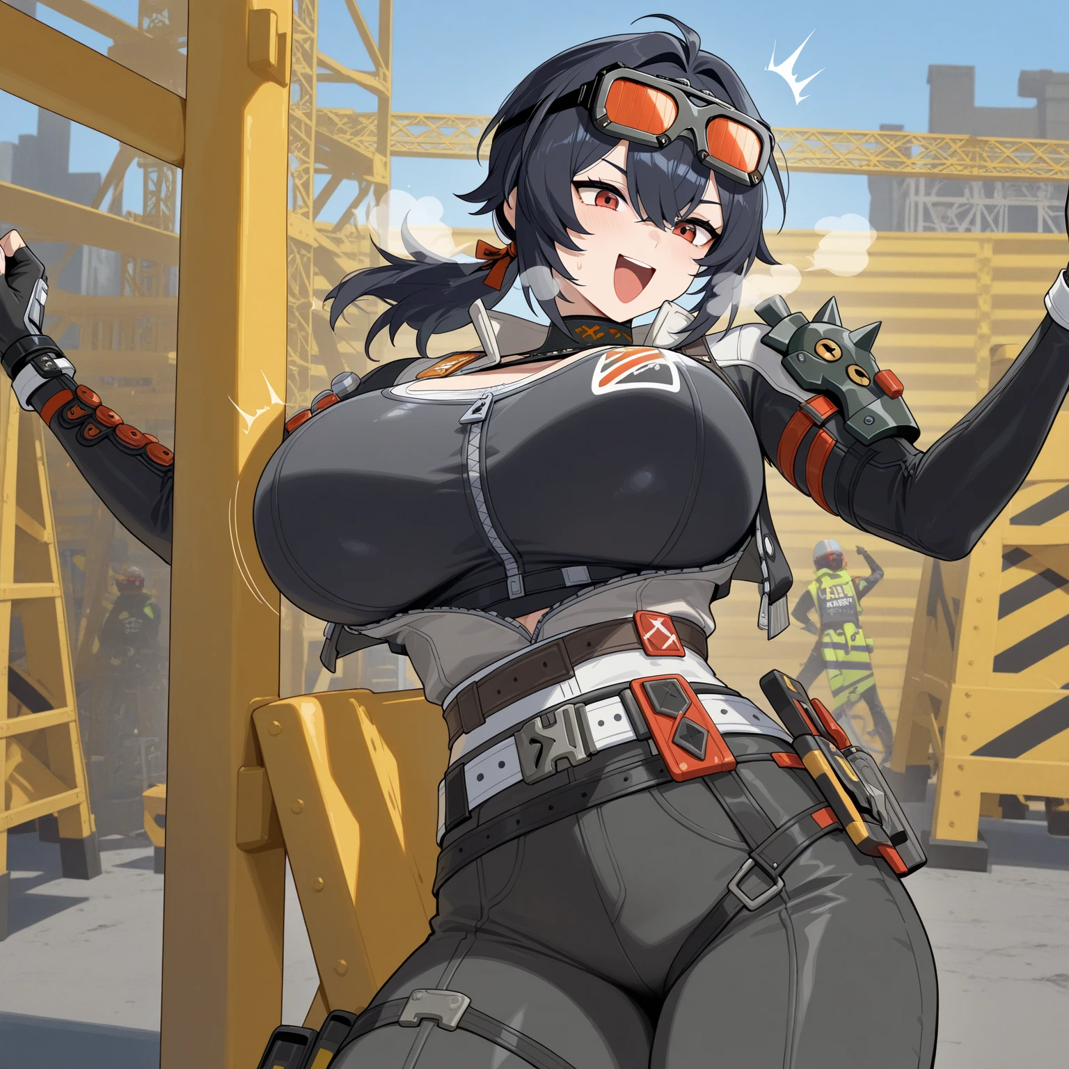 Highest quality, 1girl, solo, brown hair, long hair, brown eyes, gigantic breasts, thick thighs, black techwear, standing, respirators, shorts