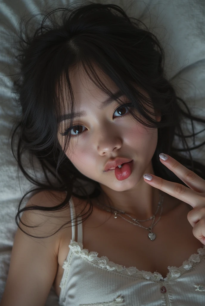 beauty，long hair，Sister，KPOP female idol，Big  ，wearing purple lingerie，With collar　Lie on the bed with your legs open　Sticking out tongue，enjoy，There is sunshine，soft，
close your eyes gently　Put your hands behind your head　Lie on your back，High-quality image

