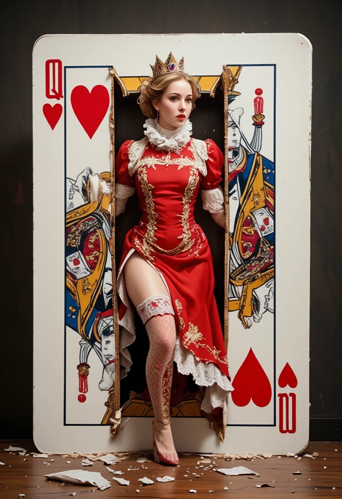 Full body illustration of a blonde woman in standing. Looking front. straight ahead. The outfit is inspired by the Queen of hearts from deck of cards. Marvelous, marvel comic book characters. Inspired by queen of hearts from deck of cards. She is standing straight. Toned muscles, fit body. Small . Not vulgar. Clothing cover 70% of body. Very intricately detailed. Beautiful. Standing straight and looking front. Red color outfit. heart inspired, valentine outfit