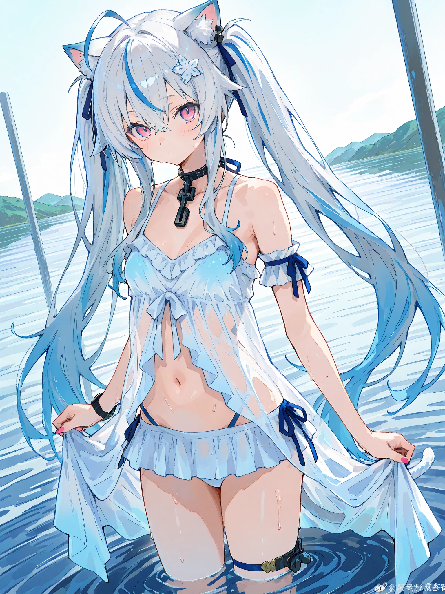 masterpiece、top-quality、ultra-detailliert、illustratio、portlate、 1 人、Black_hair、blue eyess、white hair、swim wears、The bikini