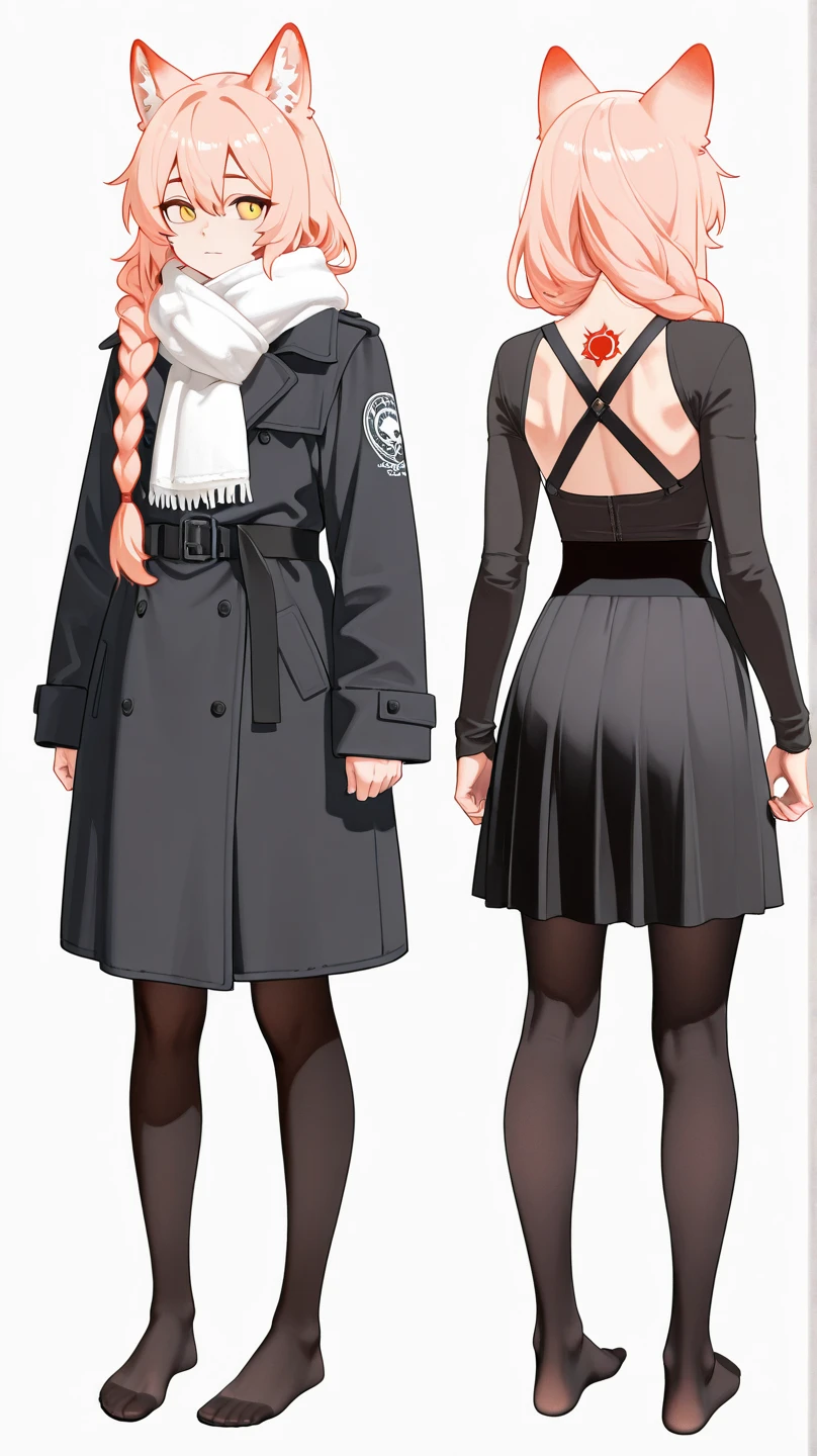 ((Highest quality)), ((masterpiece)), ((Realistic)) 19 years old, Redhead girl, Shoulder-length hair, Relaxed happy face ((thin)) (Big Breasts), ((( Black Office Wear ))) ((Pencil Skirt)) ((sexy )) Textured Pixie Haircut (((Detailed character sheet, Front view, Side view, 3/4 Views))) (((White Background))) Six and a half whole bodies