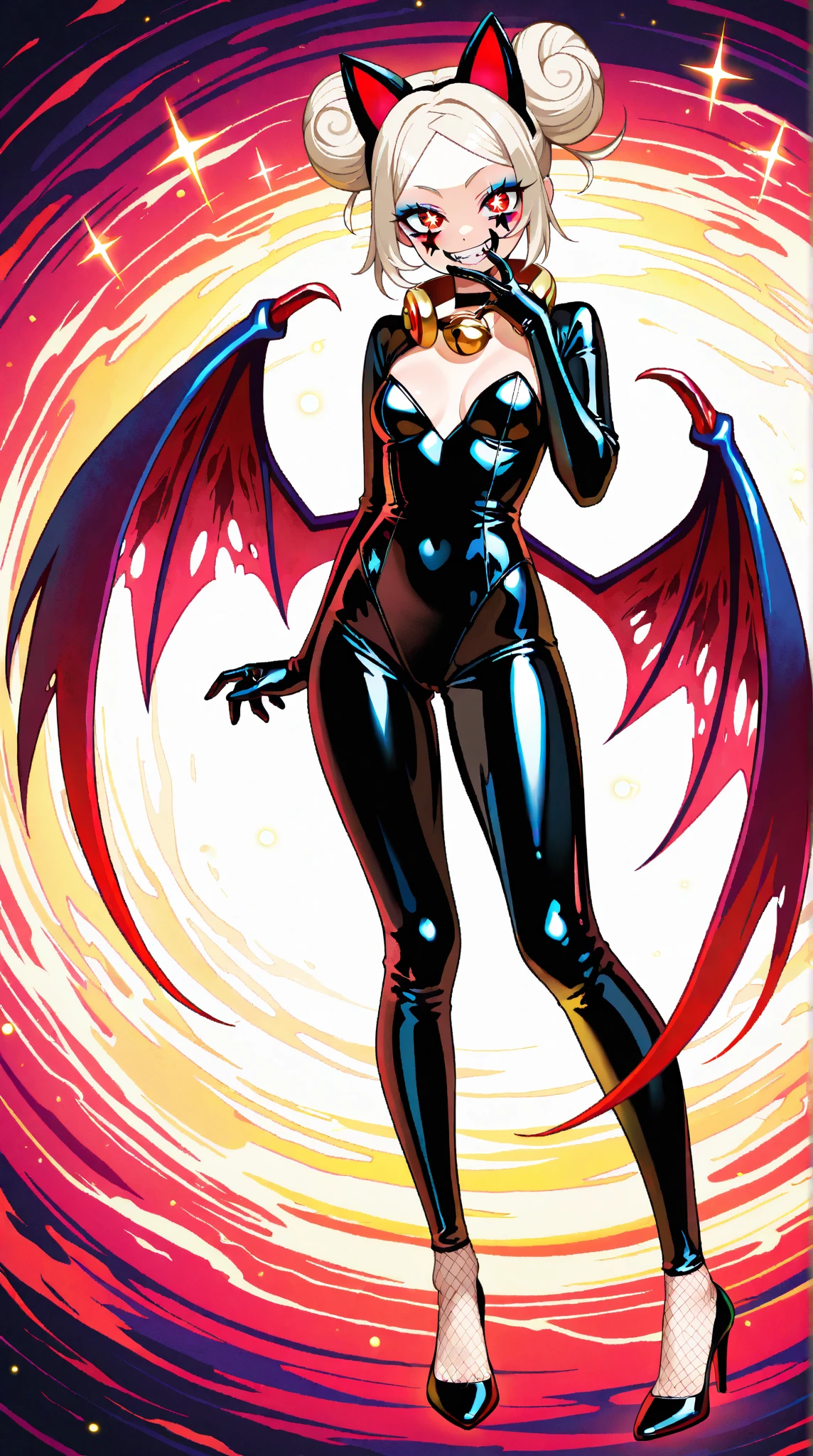 beautiful,bright,eye highlights,sexy,erotic,beautiful line drawing,light blue skin,blue and orange gradient ear fins,bunny girl,bunny suit,net tights on legs,big tits,hanging tits,light blue skin,white hair purple eyes,shiny skin,shiny body,black dust bunny suit,pink background,heart mark on background,black dust bunny suit,pink background,heart mark on background,sexy bondage outfit,blue skin,described from head to waist