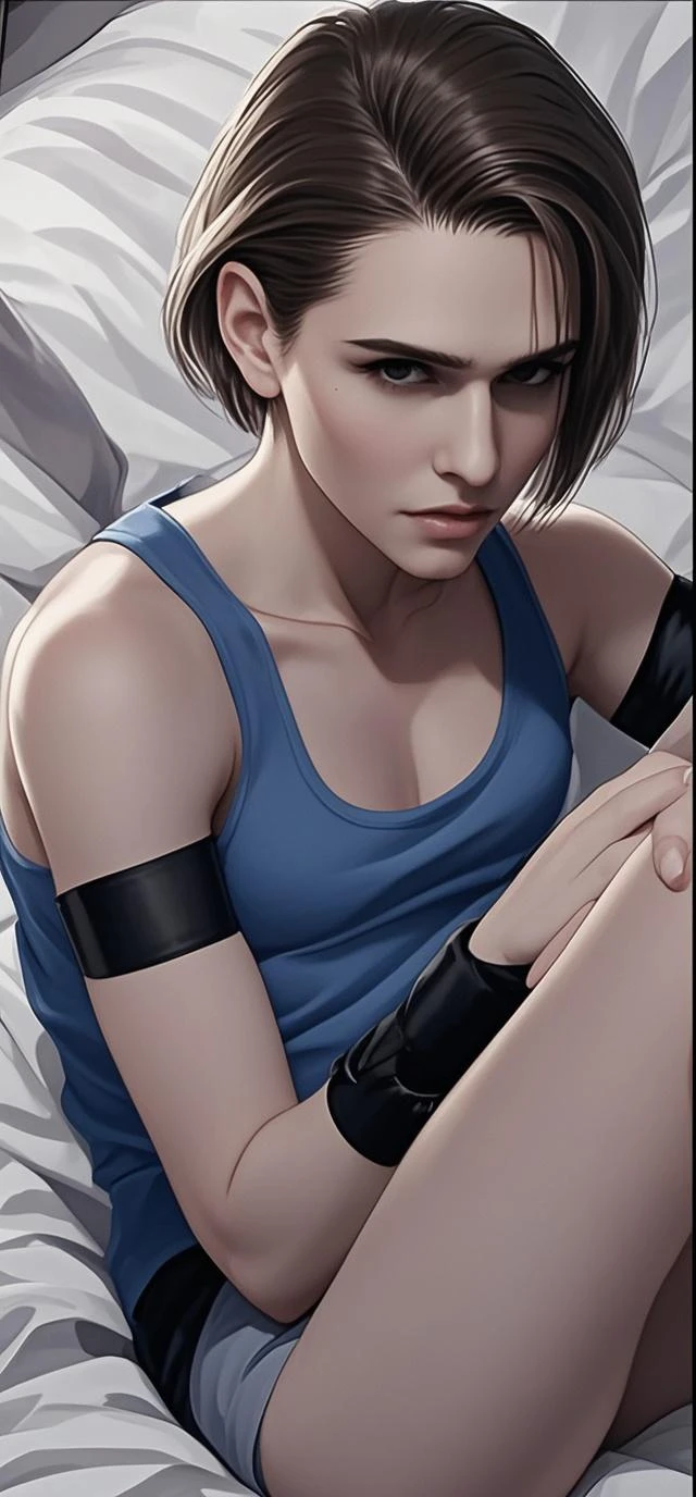 Masterpiece , highly detailed , best quality , perfect face , a beautiful women with black hairs wearing short sleeves red printed t-shirt and blue jeans , in bedroom , arms bound behind back with rope  , looking at camera 