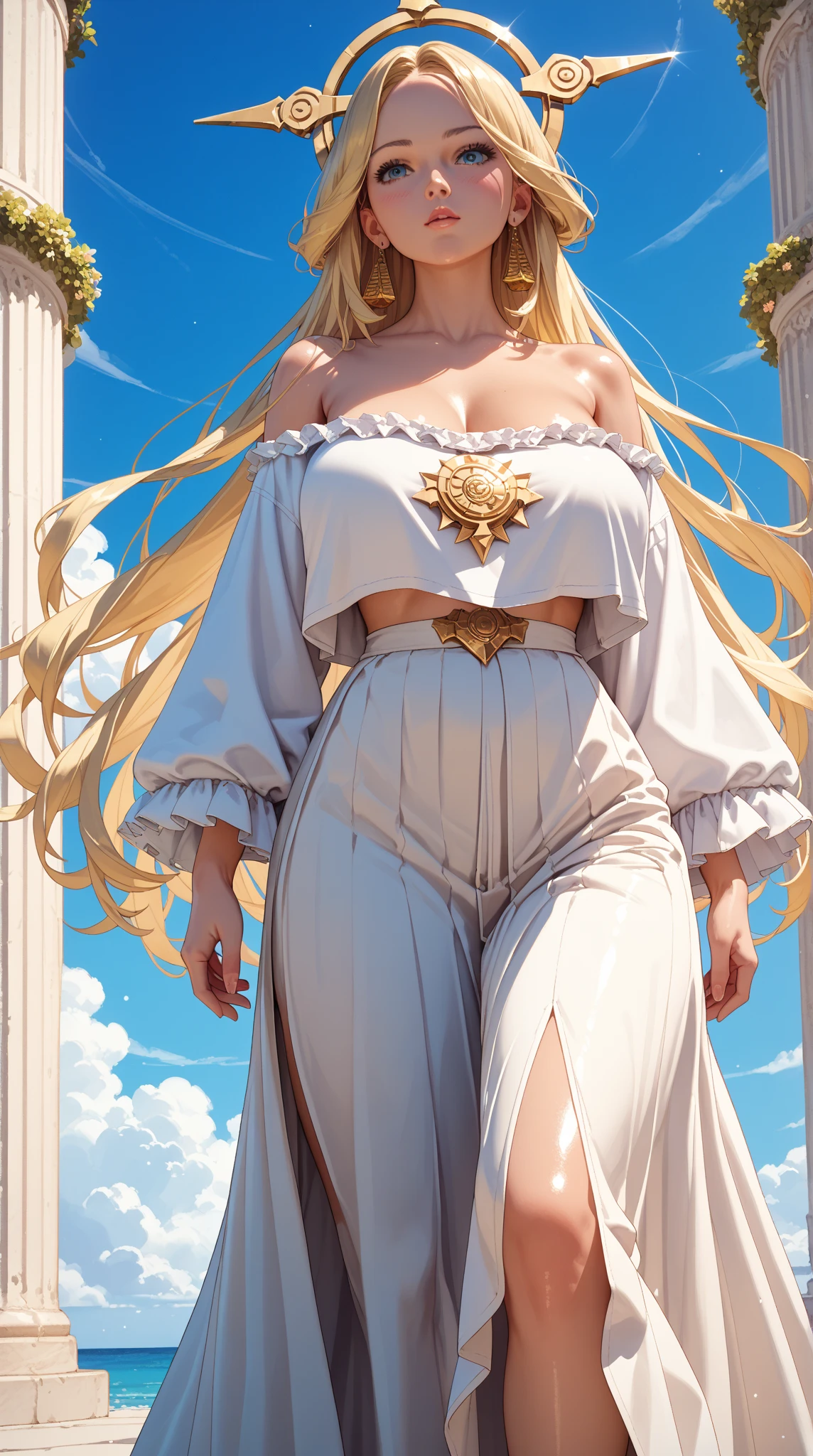 (best quality:1.5, highres, UHD, 4K, detailed lighting, shaders), brown wavy hair, gradient hair, cat ears, large breasts, large butt, big thighs, mature woman, woman stretch jersey, small skirt, white panties, white skirt, (pov), full body, white background, colorful eyeshadow, dramatic lighting, sparkling eyes, confident expression, golden earrings, flowing hair, delicate facial features, dark skin, high cheekbones, stylish clothing, urban setting, white background