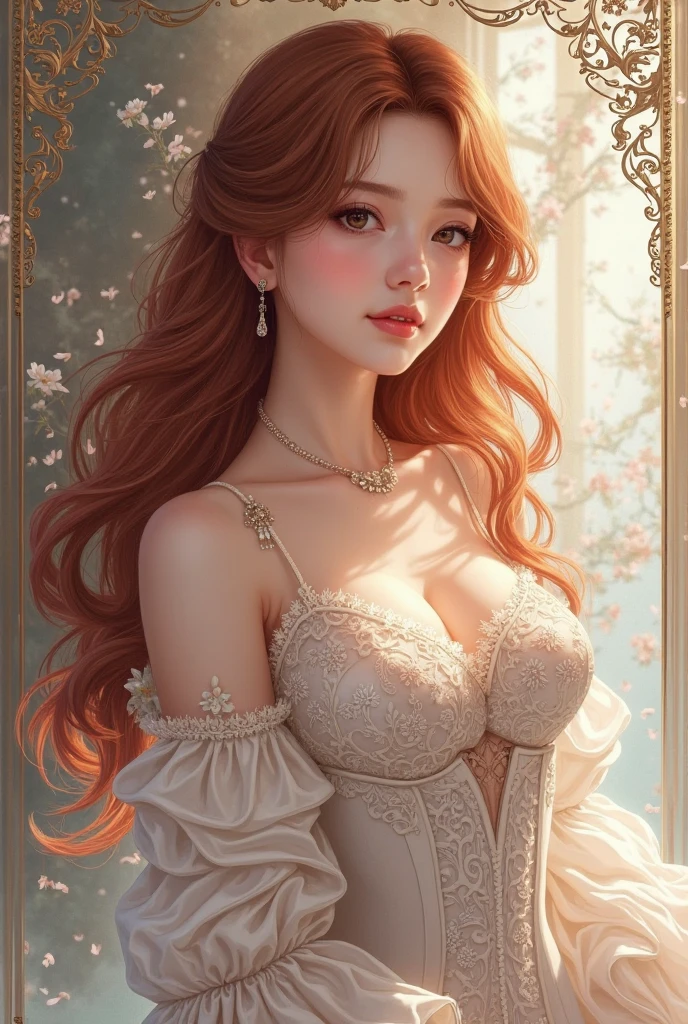 Best Quality, Realistic, 8K, High Resolution, 1girl, Art Nouveau Fashion Embroidery, Elegance, Ultra Realistic, Ultra Detailed, Exterior Color, Full Nude
