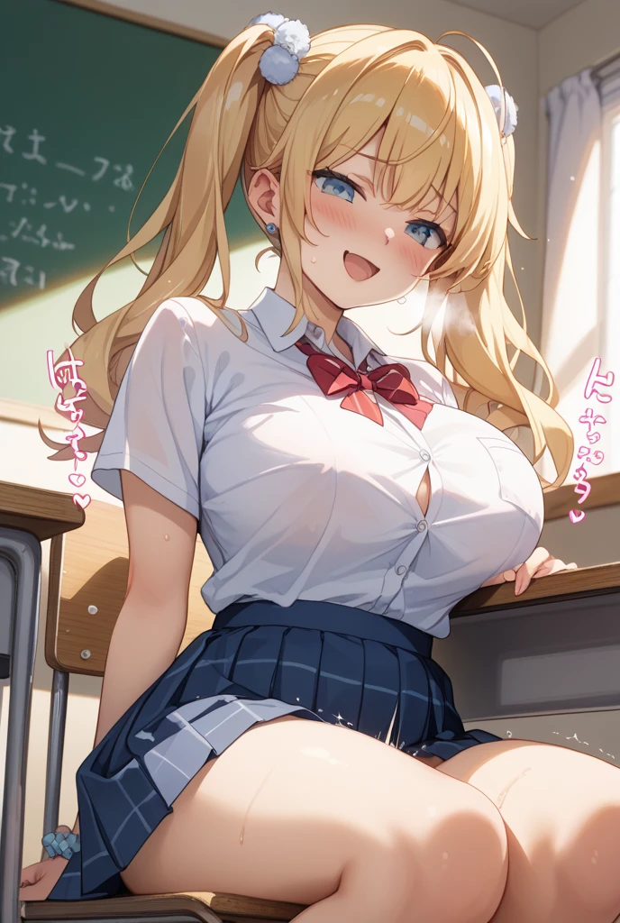 masterpiece, best quality, SimplePositiveXLv2, yuuki asuna, 1girl, solo, long hair, breasts, large breast, curvy, blonde hair, shirt, crop shirt, cleavage, navel, skirt, school_uniform, pantyhose, strip skirt,blush, Embarrassed, POV, looking at viewer, school, indoors, classroom, Table, sitting on the table, spread legs, cowboy shot