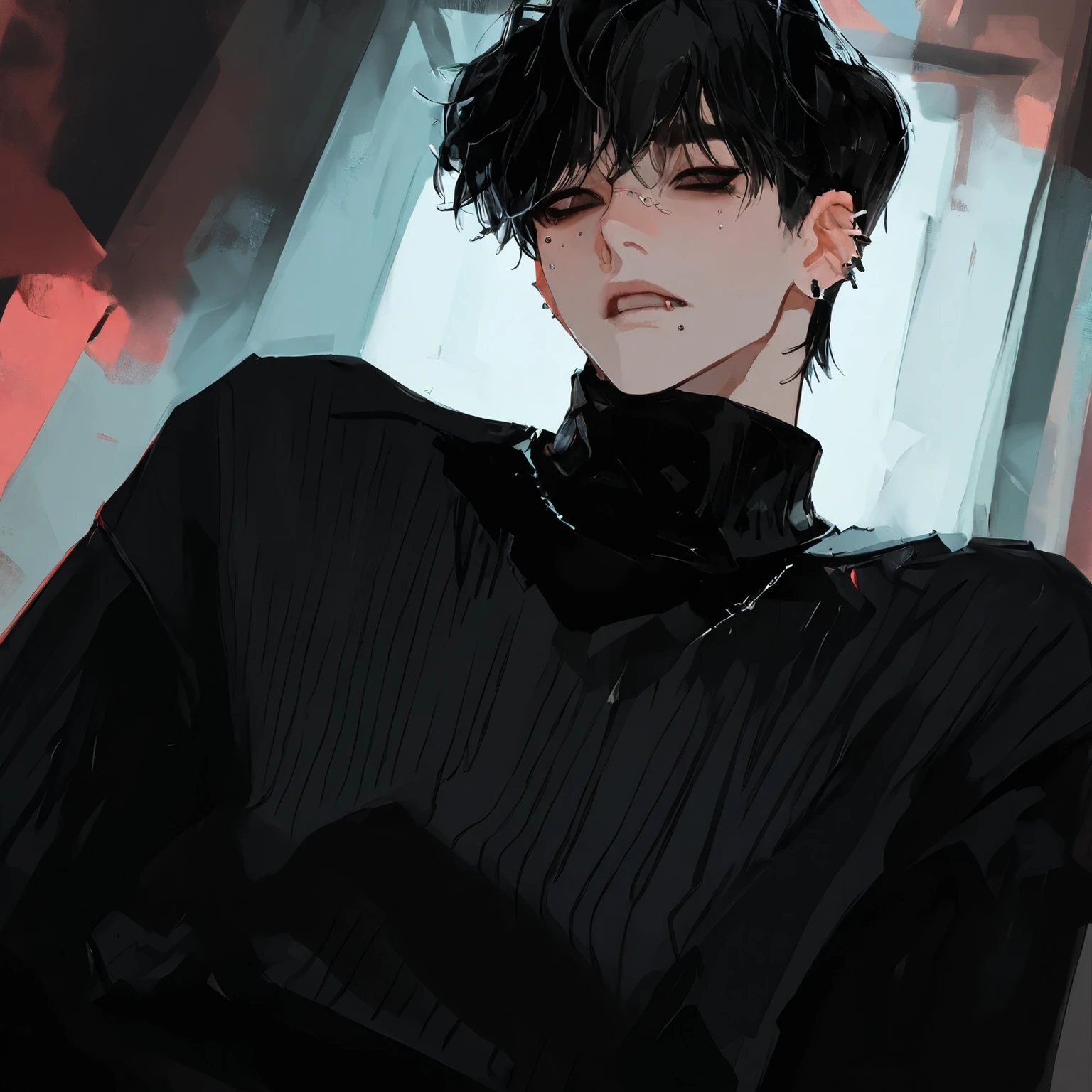 male, black hair, sexy, Large , black turtleneck, piercing, 눈썹 piercing, sexy eyes, Slit eyes, black eyes, short hair, man