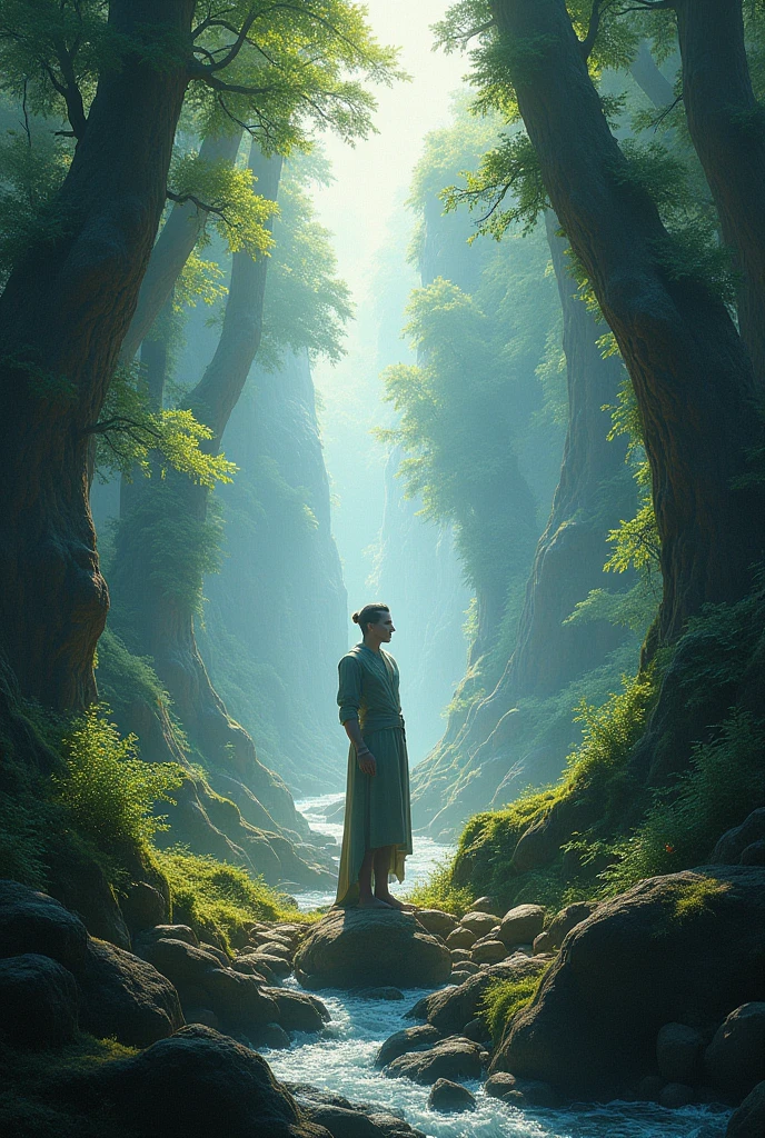 In an ancient mysterious forest,A two-dimensional beautiful girl wearing a fringed robe,Stand by a deep pond,The forest is full of fantastic creatures and light,A gentle breeze blows,The leaves rustle,Her eyes revealed a reverence for nature,In the background are the remains of an ancient temple,The stone pillars are intertwined with vines,Create a picture of mystery and tranquility,Escultura,marbled,--ar 16:9 --v 5