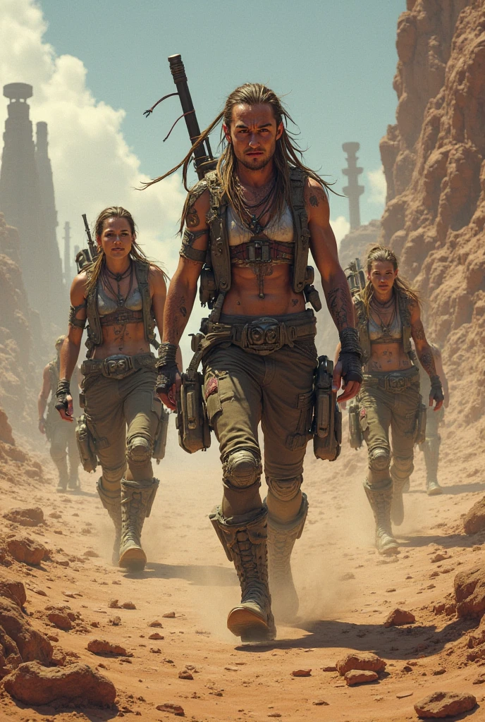 arafed image of a group of people in a movie, fury road, mad max fury road, mad max fury road, mad max inspired mad max, mad max, mad max dust storm, mad max movie fury road, madmax, mad max style, mad max style, key art, mad max style, official poster art,  Dune, official poster, long hair, moycano, dread, emo.