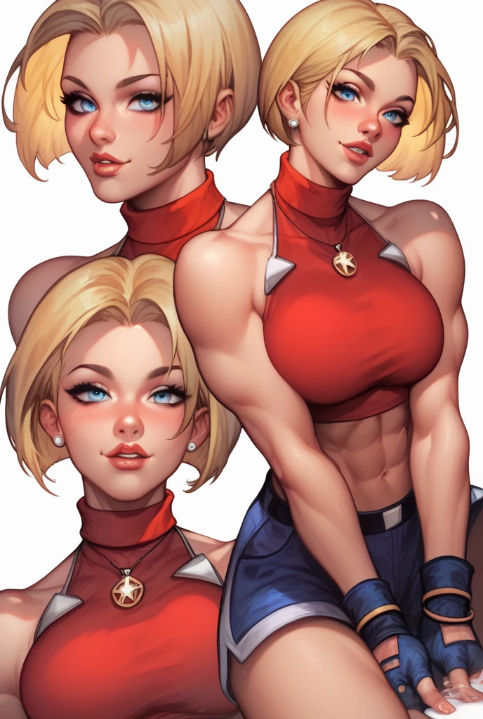 Blonde girl with short hair, wearing a scarf like a bandana on her head, wearing a brown top over a red cropped top, showing her belly, wearing a short orange skirt, cleavage showing breasts