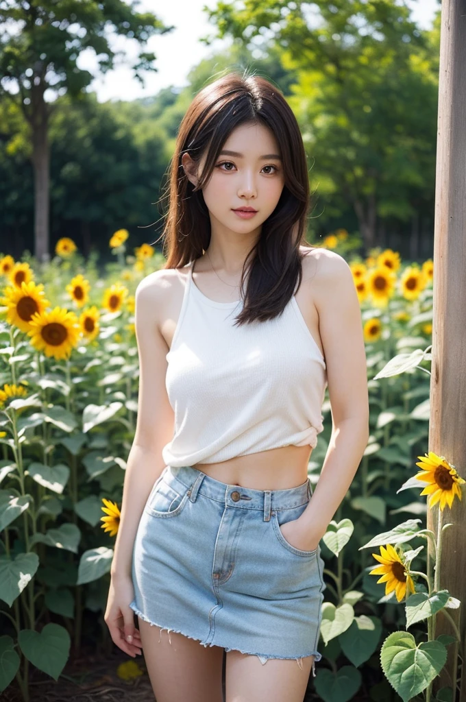 highest quality, Ultra-high resolution, masterpiece, Realistic: 1.8), pore, Accuracy, Sunflower field,  Tall and wide, White clouds overhead, Blue sky, Cotton Work Trousers, Ample breasts、White tank top、Silver Necklace、Pale Light, young woman, Tie your hair back, iris, Smiling eyes、smile, Laugh out loud with your mouth open、White teeth、Leaning forward, Leaning forwardになる, Bend your waist, Look into the chest, Detailed Description, 23 years old, cute,
