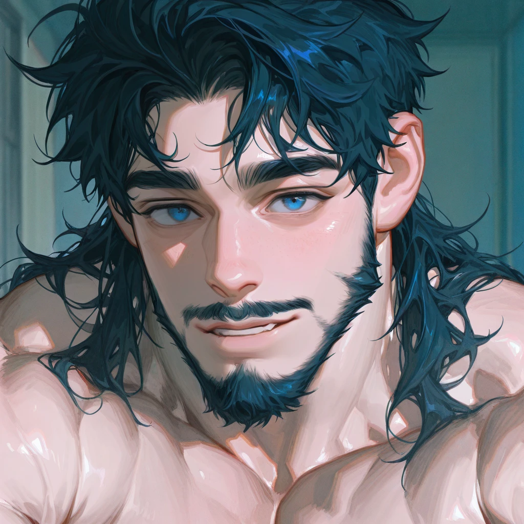 Barlic, Blue eyes, black fur, muscular man, (soft shading), 4K, it's empty here, ((detailed face, detailed)), от zackary911, from Sausch, (for dating:0.5), portrait, upper body, focus on the face, smile, Bathroom, mirror, naked upper body, towel at the waist, side view, black nipples, pecs focus,