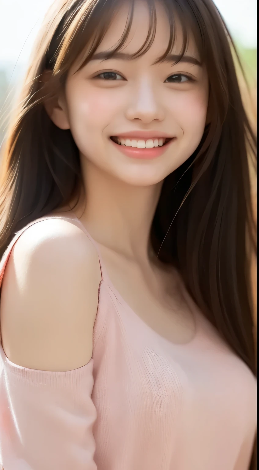 An innocently enjoying face。Laugh with your mouth wide open。Close your eyes completely。Droopy eyes。Deep pink blush。She has shoulder-length, wavy brown hair pulled back in a loose ponytail.
