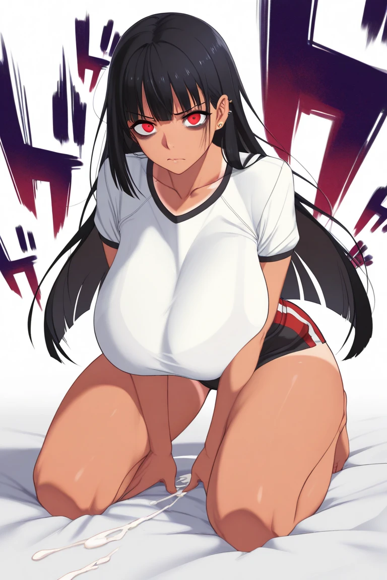 realistic, masterpiece, highest quality, perfect anatomy,Anime Screen Capture, ((huge breasts)),wide ass、thick thighs、((NSFW、sex、shrine maiden、Red sci-fi suit、loincloth))、long hair ponytail、Slit orange eyes、navy blue hair , hand on chest、 ((blush))、((((embarrassing、legs spread、hands behind head、both armpits)))), (city)、red demon horn、gold hair ornament