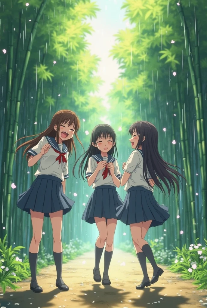 masterpiece, best quality, 2girls, petite, slim, flat chest, school shirt uniform, white , bathe in a forest lake, run in water, smile, laugh, fun, summer, warm, soft light, bright, watercolor