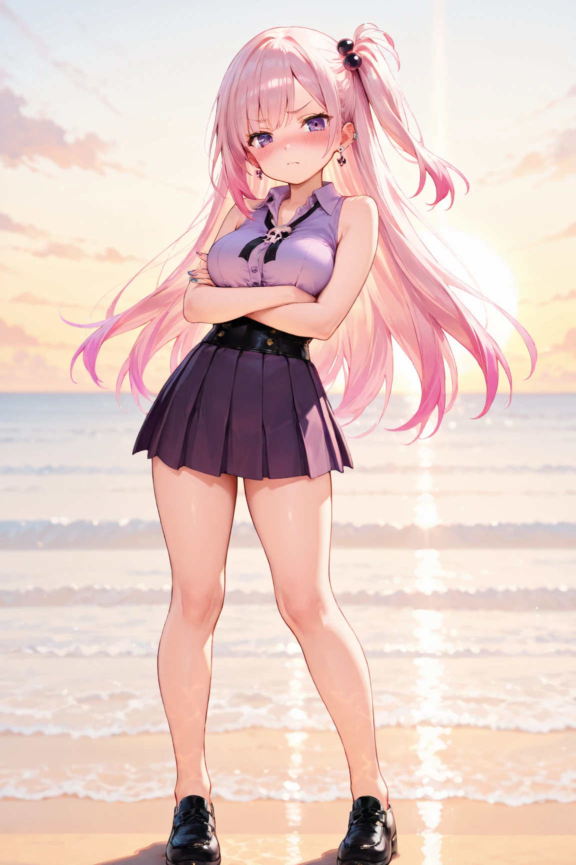 shikimori, slim legs, beautiful eyes, blue eyes, happy, pink hair, long hair, cleavage, short skirt, thigh high socks, school uniform, beach