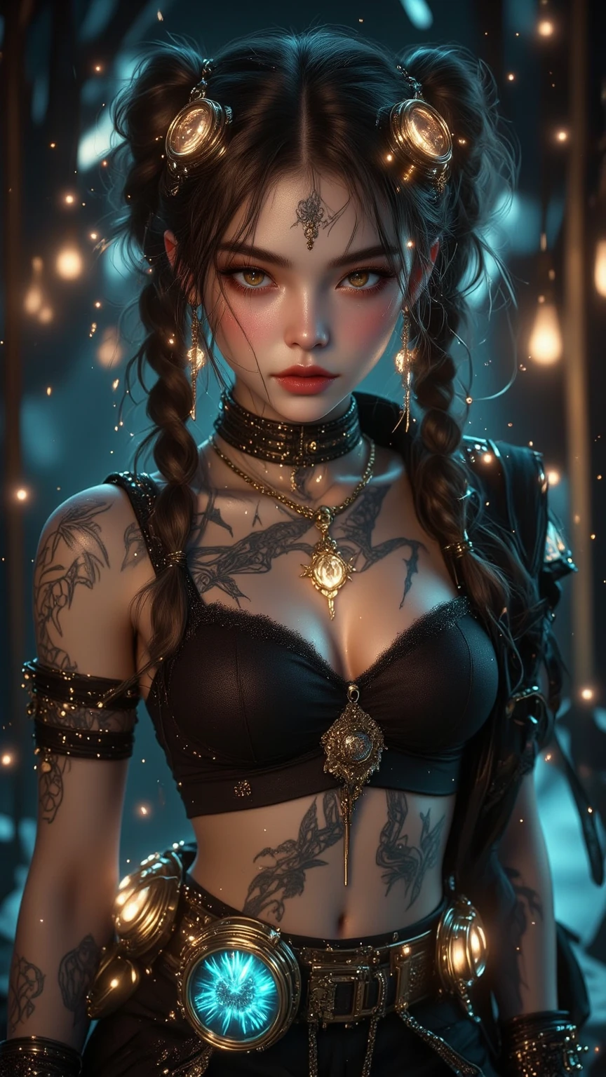 (chef-d&#39;work, premier quality, beste-Qualit, art officiel, beautiful and aesthetic : 1.2), (1 fille), extremly detailed, (art fractal : 1.3), colourfull, Most Detailed, dark green hair, oreilles d'elf, les yeux noirs, red lips, tatouage de lune sur le front