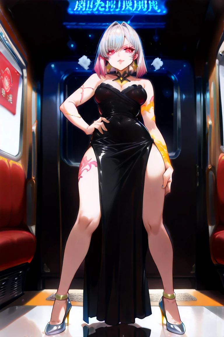 ((a handsome, light yellow tight dress)), Lace that covers the chest,The most beautiful woman in the world,Best Style,half tied hair,pink  hair,pink eyes,(shy smile),breasts big,(luxury cabaret),make up,forehead exposed,bracelet,aretes,I look up