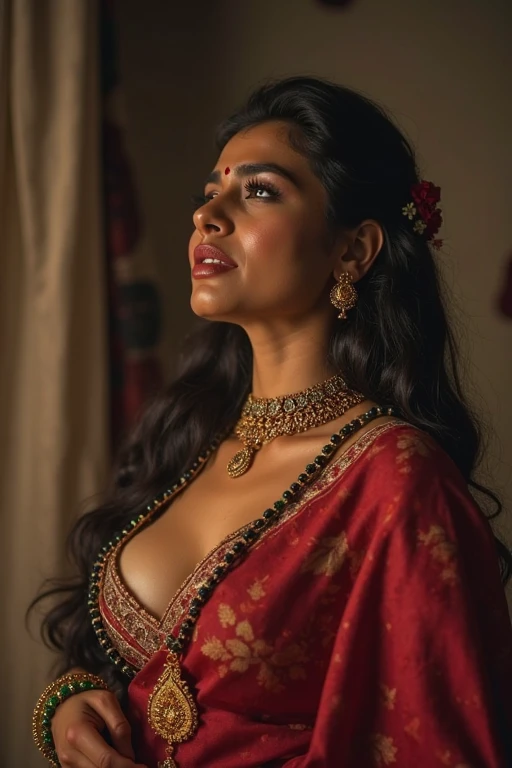 ((Indian milf, indian woman, milf)), nude,(((ultra realistic))) Photo, masterpiece, top quality, (pale skin), (Ultra detailed face and eyes:1.2), 1 girl, Adult, ((in one size too small saree)), strapless saree blouse, ((very heavy eye makeup, pink mascara)), ((fake detailed lips)), ((Pink wavy hair)), ((Stylish hairstyle)) , (({Enormous|Gigantic|Big|Huge|Mega|Fake} pushed-up breasts)), (very slim waist). ((very huge cleavage)), photoshoot, (Soft) Lighting, (The play of light and shadows), depth of field, bokeh, (special attention to skin detail: 1.2), (special attention to enormous breast size: 1.2), (((special attention to extra tight clothing size: 1.2))), Detailed texture, skin pores, oily skin. (Erotic atmosphere of the frame. Color range - purple, Pink, Tons), UDR, ((Film grain)), ((rays)), (Glare), ((upper body body)) , ultra detialed,