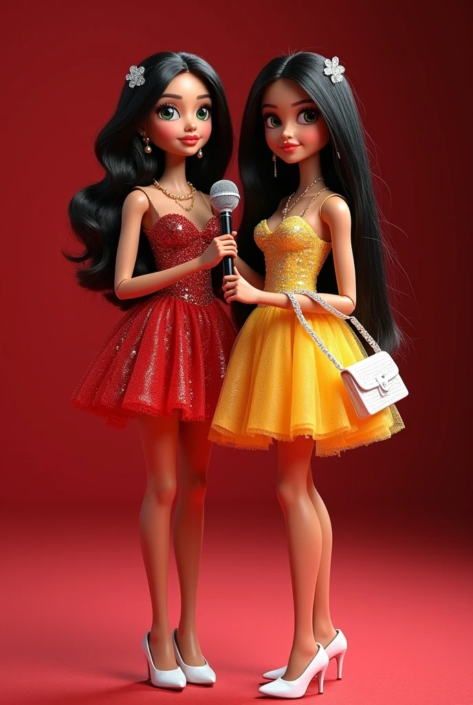 Create a 35 year old BLACK Brazilian woman, CURLY HAIR Pixar style character with black eyes, Long black hair, Big mouth with red lipstick SINGING ON A STAGE.