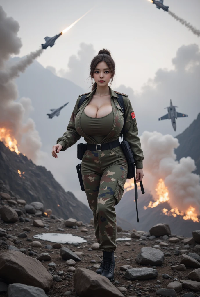 Masterpiece, top quality, ruined city and fire in the background, sexy girl in uniform kneeling on the ground, large breasts, green Nazi SS Militari, 4K manga wallpaper, BLEACH, Exterminator, Shalltear Bloodfallen, 8K, gapmoe yandere, yandere, albedo from Overlord, creepy grin, crazy laugh, angled laughter at the corners of the mouth, black hair long hair, green miniskirt skirtlift, white panty, unbutton green long-sleeved military uniform