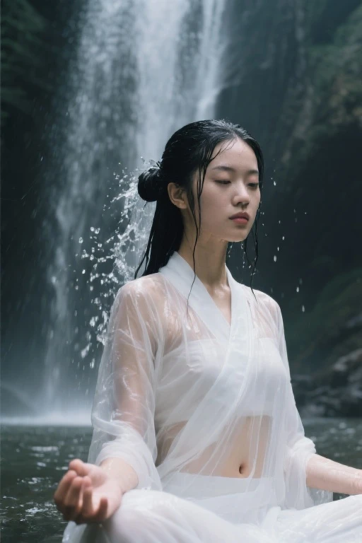 Let's take the example of a woman standing under a waterfall and receiving spiritual training., The wet kimono clings to the body, revealing transparent skin... Capture the quiet and reflective atmosphere of the scene, The woman's closed eyes and serene expression reveal her mental, Conveys a deep focus and dedication to physical training.. Use a calming color palette to enhance the tranquility of your surroundings.., The waterfall pouring down from the rocky cliff and the surrounding foliage adds to the natural beauty and sense of isolation... Note the details of the woman's wet kimono., With complex patterns and folds, And the soft play of light and shadow on her skin.. Describe the water droplets falling from her hair and the mist rising from the water., Creates a feeling of movement and energy in the image.. Overall, I create images that represent the transformative power of nature and the inner strength of women on a spiritual journey...