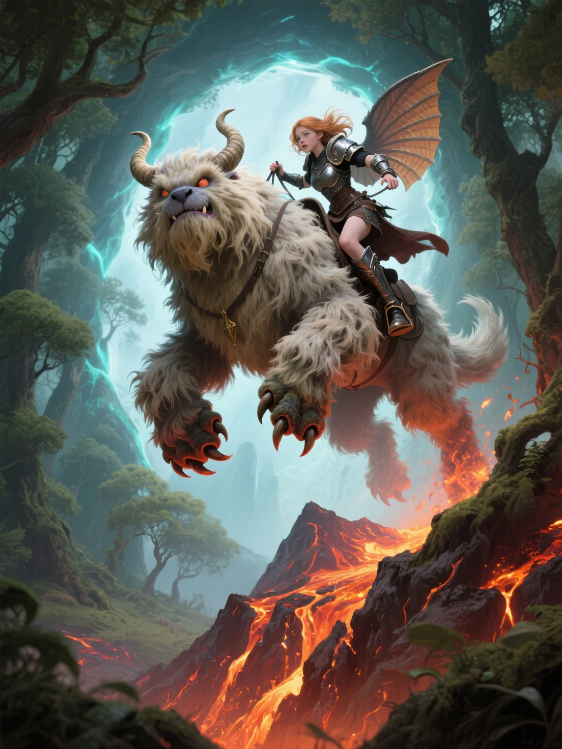 A beautiful fluffy shaggy with big paws on four legs, huge shaggy fingers, beautiful little horns, ears look like a fan, massive build, Riding a monster, a girl in armor, jumps into a portal around a forest thicket from a lava mountain, fantasy style, masterpiece, best quality, High quality, intricate details, clearly, 