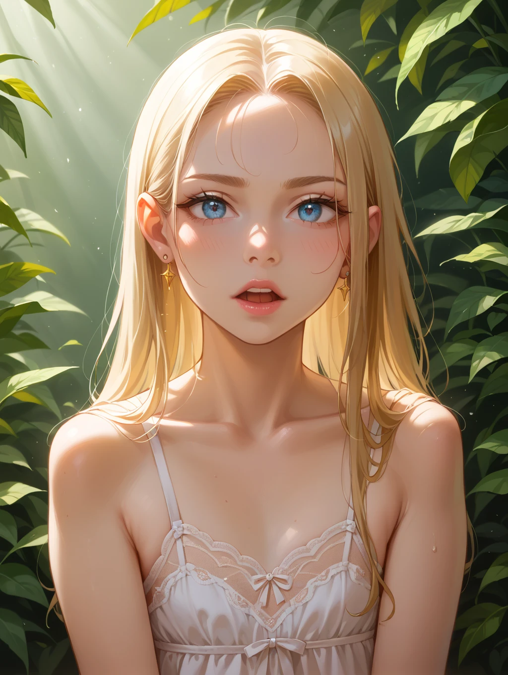 Anime-style illustrations,(Highly detailed background:1.0), (Highly detailed background:1.0), masterpiece, Highest quality, (One girl), alone, (forest), Long Hair, Blonde, nature, wood:1.2, Motion Blur,  chromatic aberration, Depth of written boundary, Soft lighting, Highly detailed face, Highly detailed eyes, nsfw, Completely naked, 