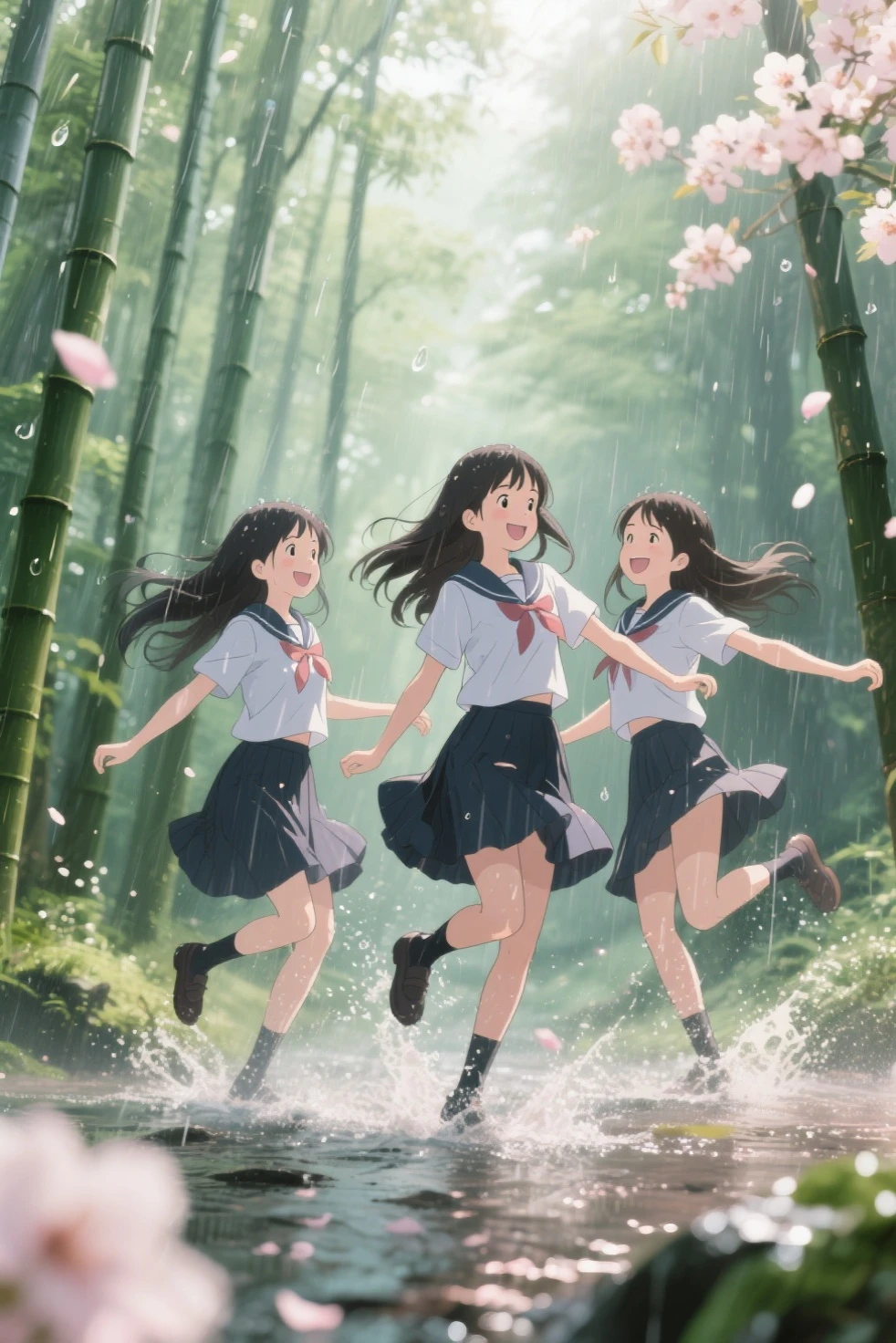 Thai school girls carry belongings to escape floodwaters