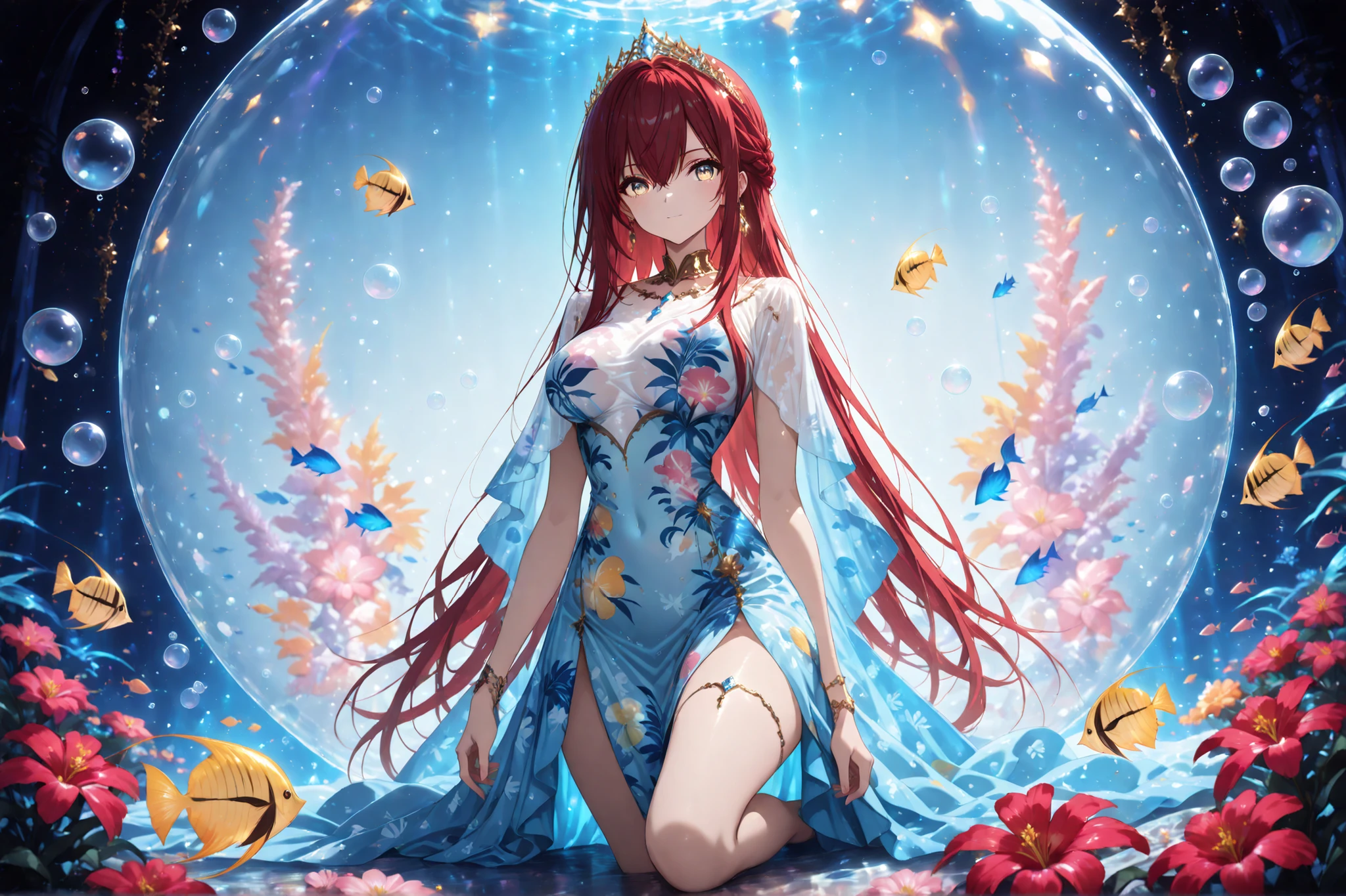1 girl , golden eyes , very long hair , long sidelocks, red hair ,half updo, petite , very cute , beautiful ,Straight hair, cool, handsome, hair between eyes, sexy, female, mediumlarge breasts,, (princess is in the flower garden, dress of colors like the sea), (tropical fish print on dress:1.4), dress shines blue, soft blue lighting and rainbow bubbles, create fantastic atmosphere, anime style illustrations, detailed background, full body shot, (master piece, 8k high-resolution),  (jewelry eyes:1.2), (floral tiara), ((exquisite illustration of a girl wearing flowers)), ((blooming flowers)), ultra detailed, perfect light, purple world, misty, bubble, fantasy, transparent jewel, transparent crystal, light, glow, shine, shining, beautiful face, beautiful eyes, beautiful hair, best quality, look at viewers((best quality:1.5))((best quality eyes:1.5)) (girl inside a huge bubble:1.5)